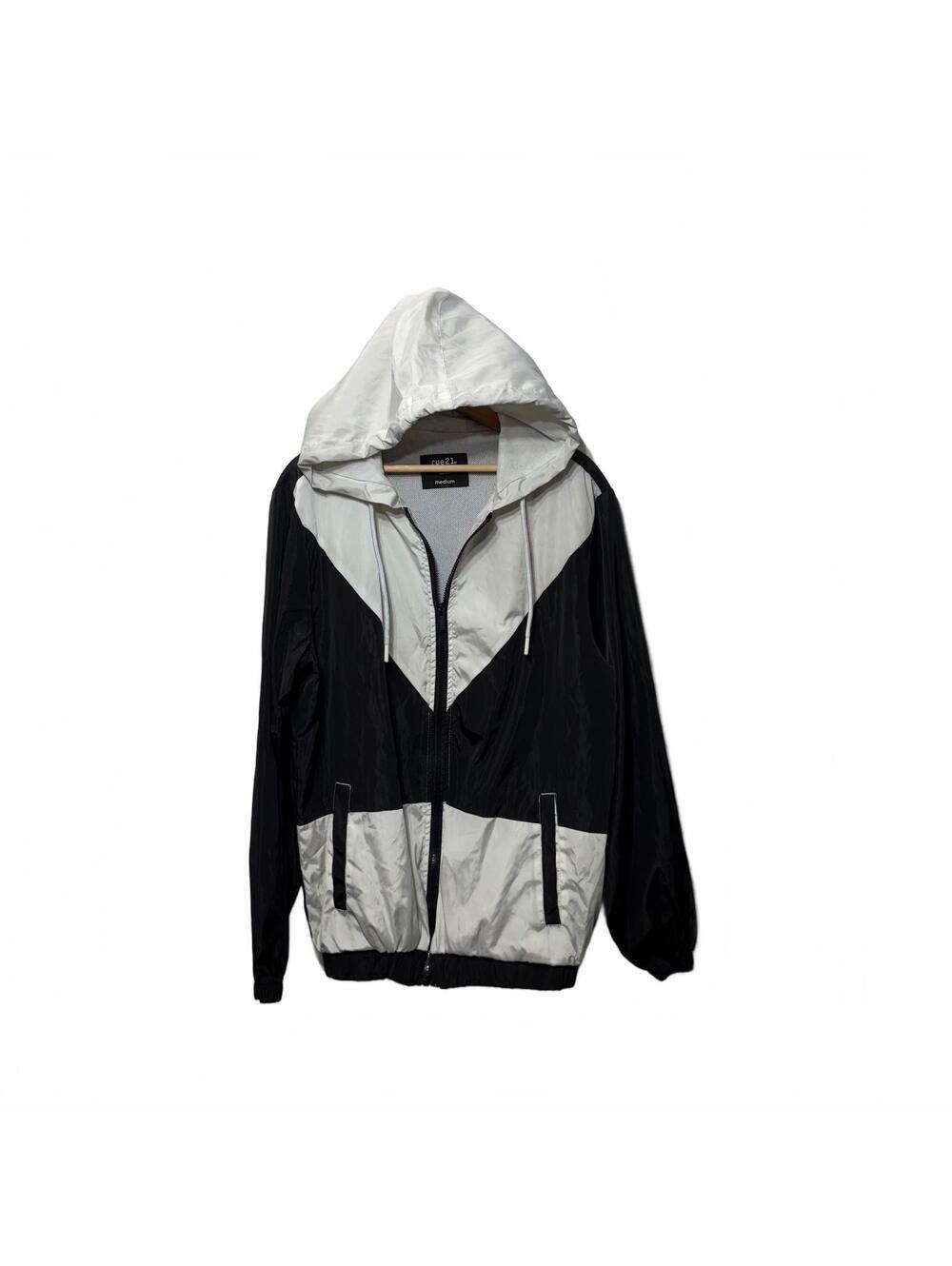 rue21 Black White Colorblock Hooded Windbreaker Full Zip Men's Medium